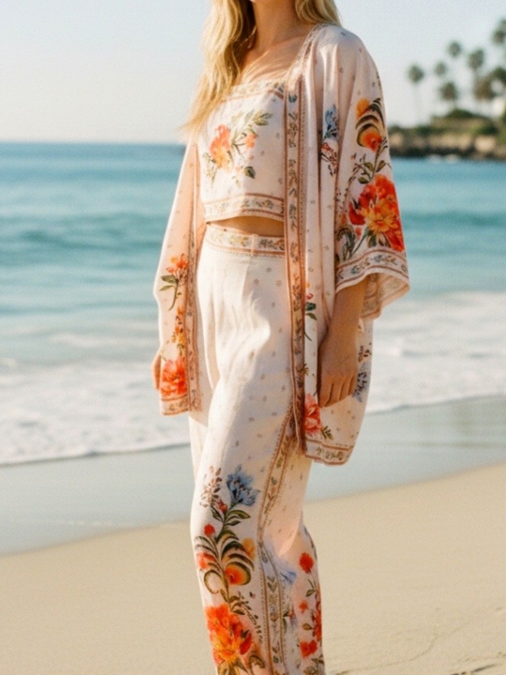Aratta 3pc Floral Wide-Leg Pants with Matching Kimono And Top